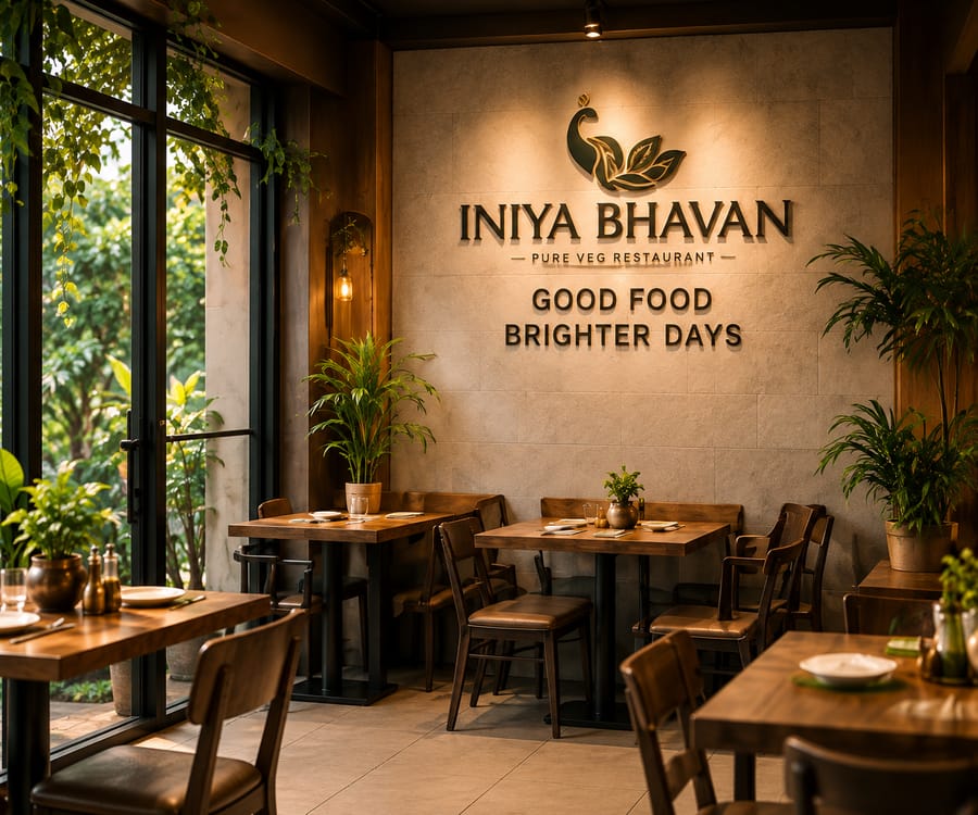 The dining room at Iniya Bhavan, laid tables beneath the restaurant's wall sign reading "Good Food, Brighter Days"