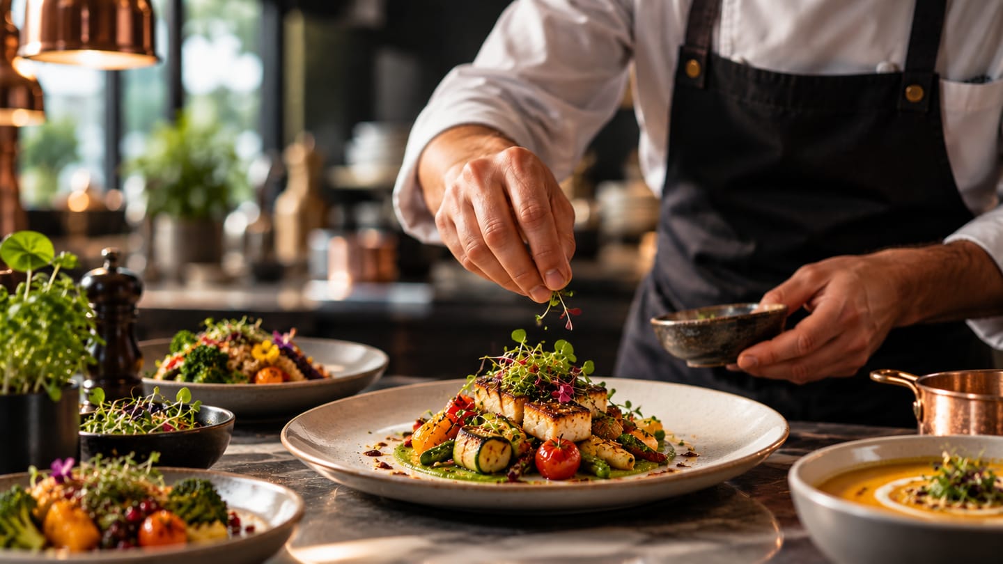 A chef finishing a plated dish with fresh micro-greens in the Iniya Bhavan kitchen